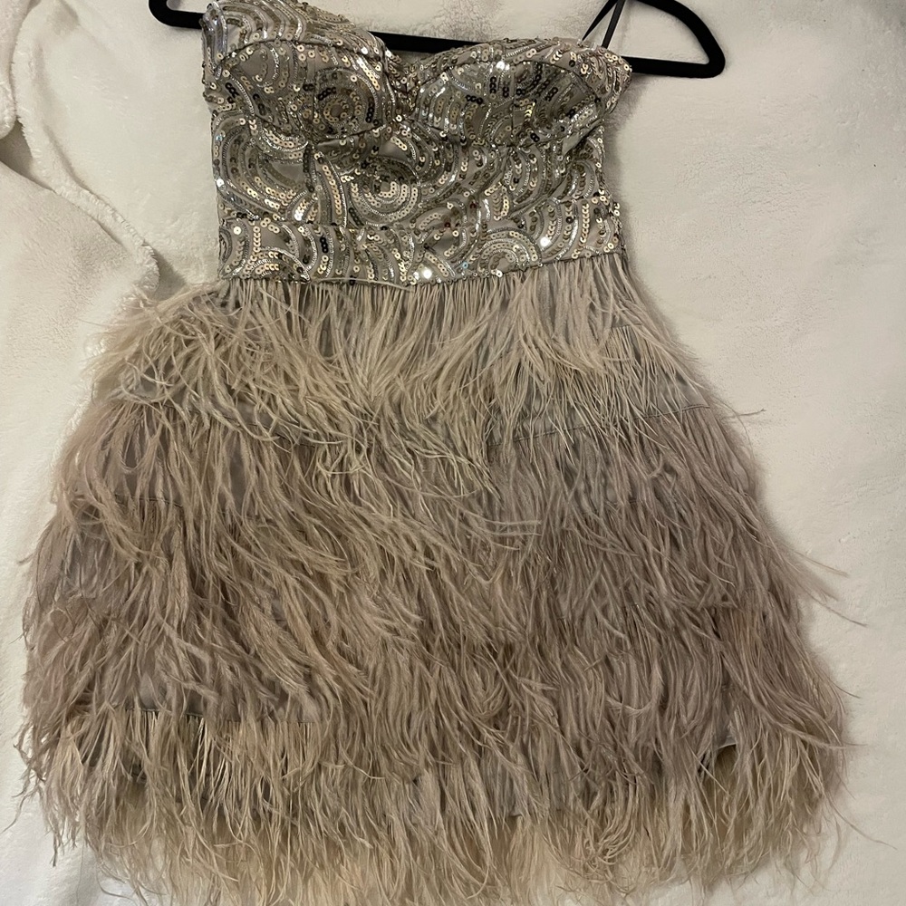 Beige Bebe Beaded Feather Dress
